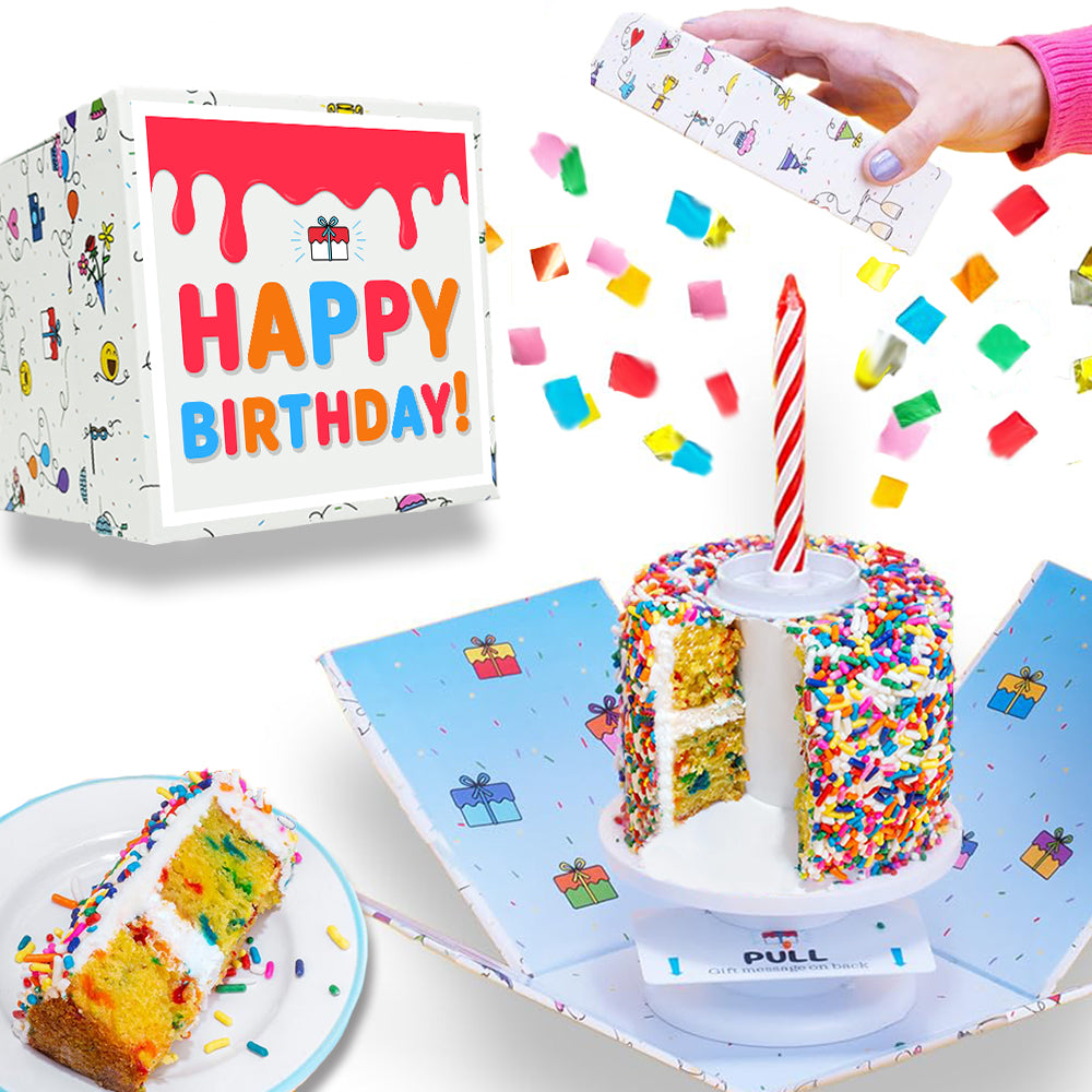 Happy Birthday Box-  4" Rainbow Confetti Surprise Cake®