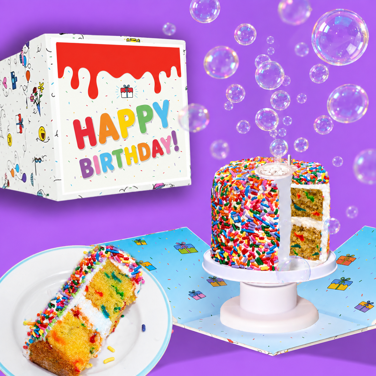 Happy Birthday Bubble Box-  4" Rainbow Confetti Surprise Cake®