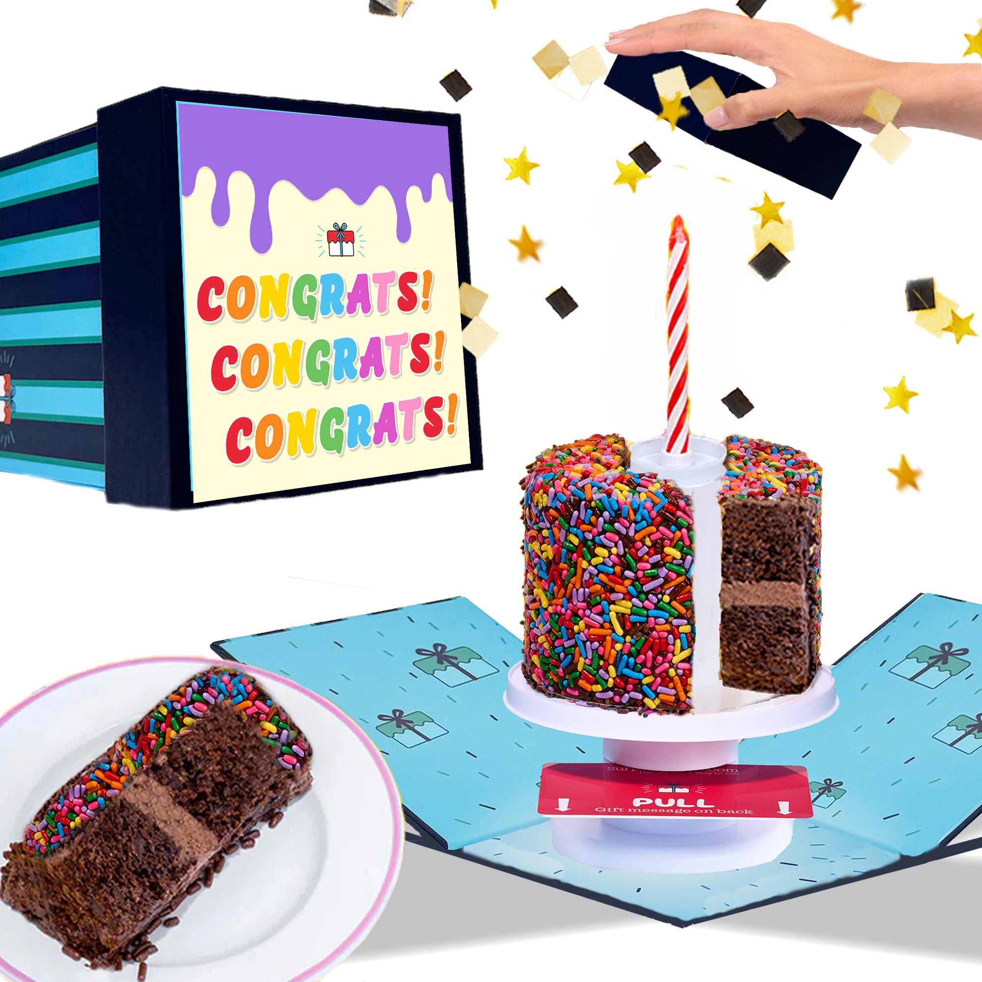 Congratulations Box - 4" Rainbow Chocolate Surprise Cake with Star Confetti Explosion