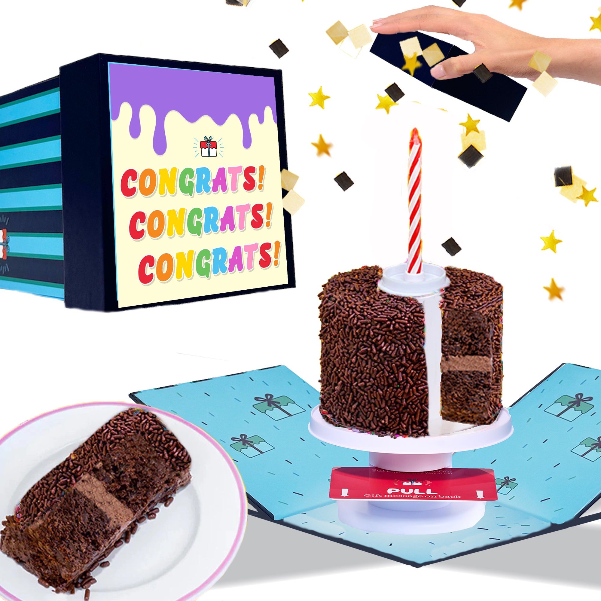 Congratulations Box - 4" Chocolate Surprise Cake with Star Confetti Explosion