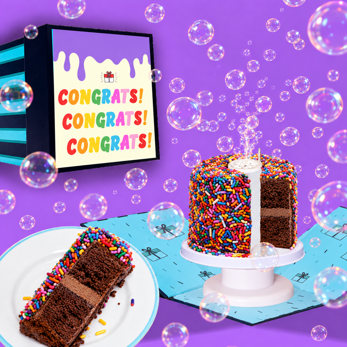 Congratulations Bubble Box - 4" Rainbow Chocolate Surprise Cake