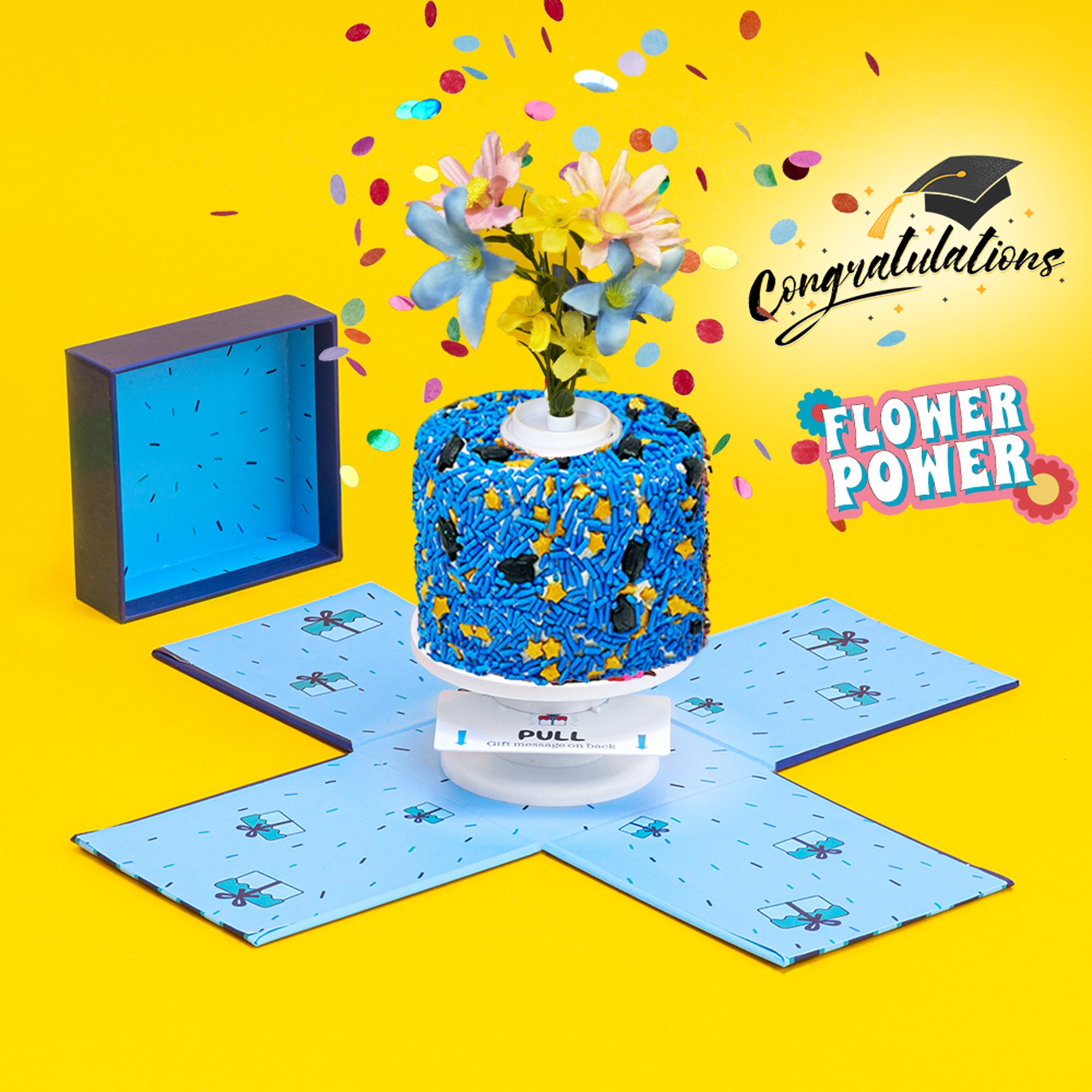 4"- Congratulations Vanilla Surprise Cake with Confetti Explosion + Flower Bouquet