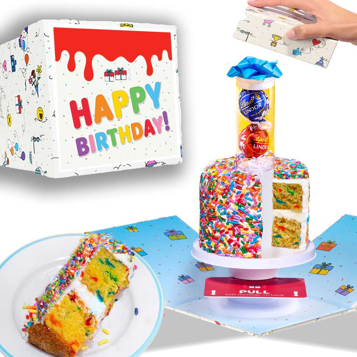 Happy Birthday Box-  4" Rainbow Vanilla Confetti Surprise Cake® with Lindt® Chocolate Surprise