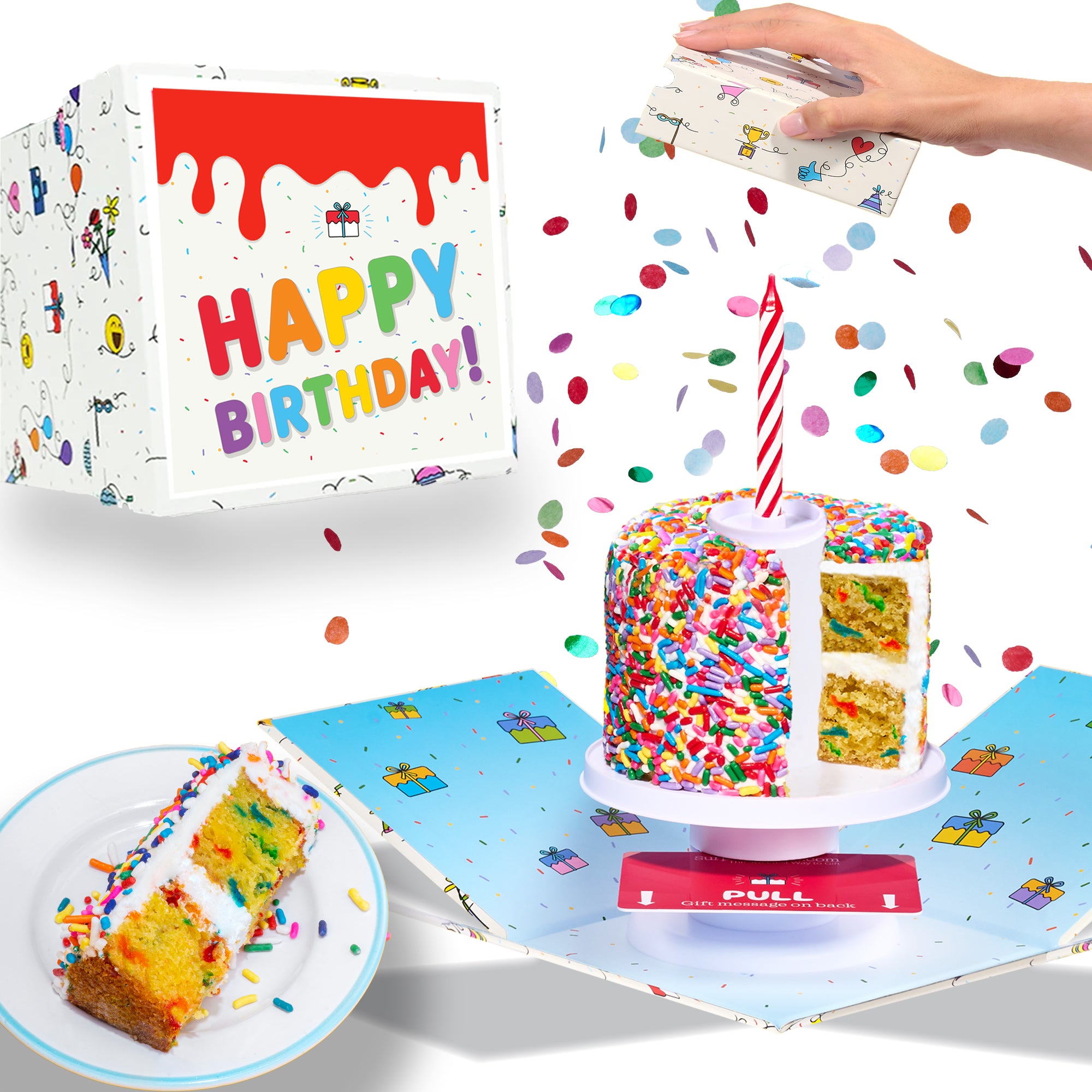 Happy Birthday Box-  4" Rainbow Confetti Surprise Cake®