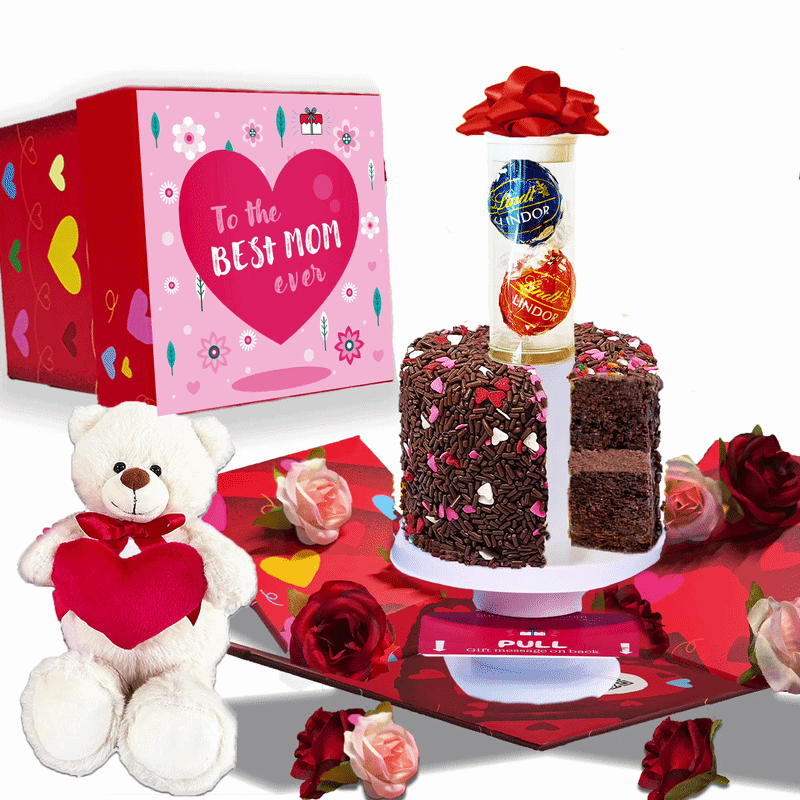 Mother's Day Surprise Cake Bundle with Flower Shower + Teddy Bear