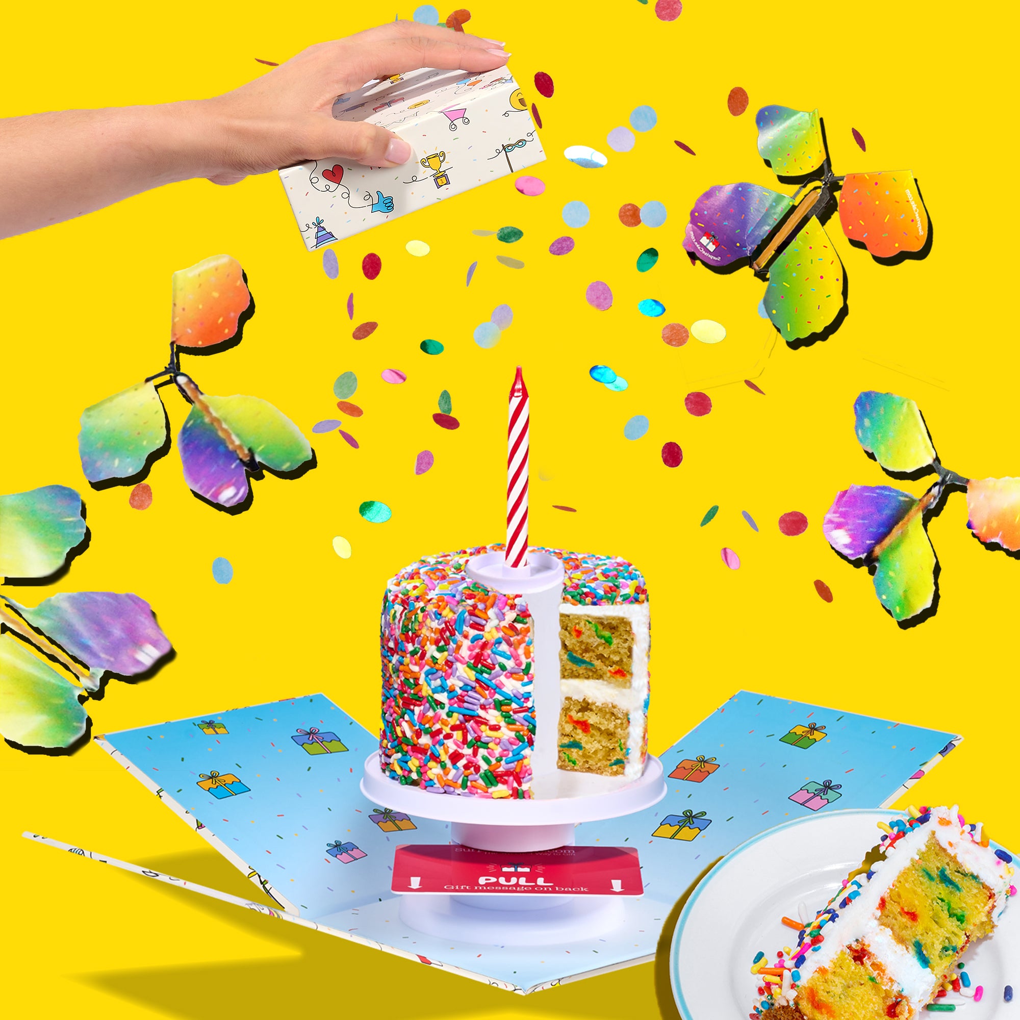 4" Rainbow Confetti Surprise Cake® with Butterfly Surprise