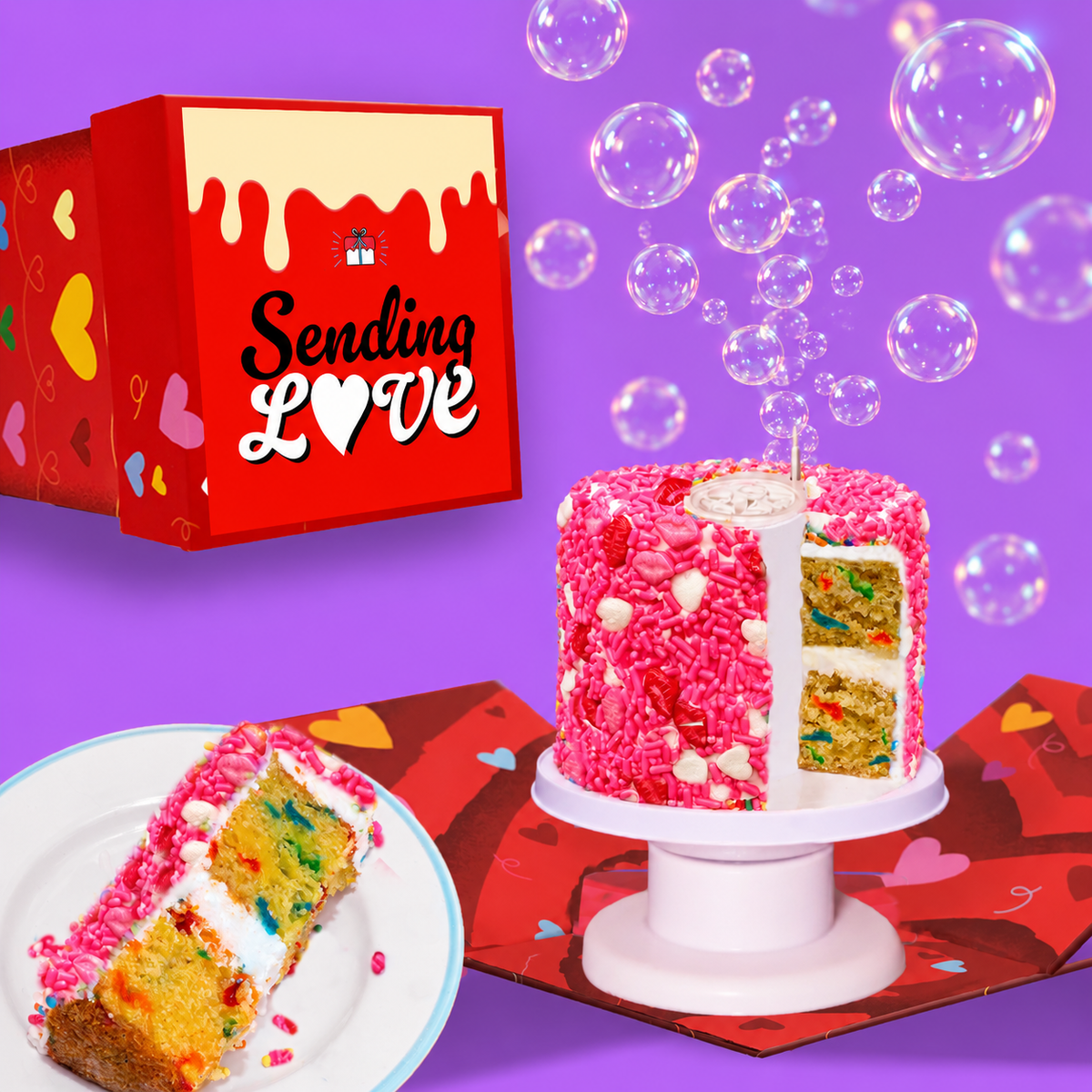 Sending Love Bubble Box-  4" Vanilla Pink Love Surprise Cake®
