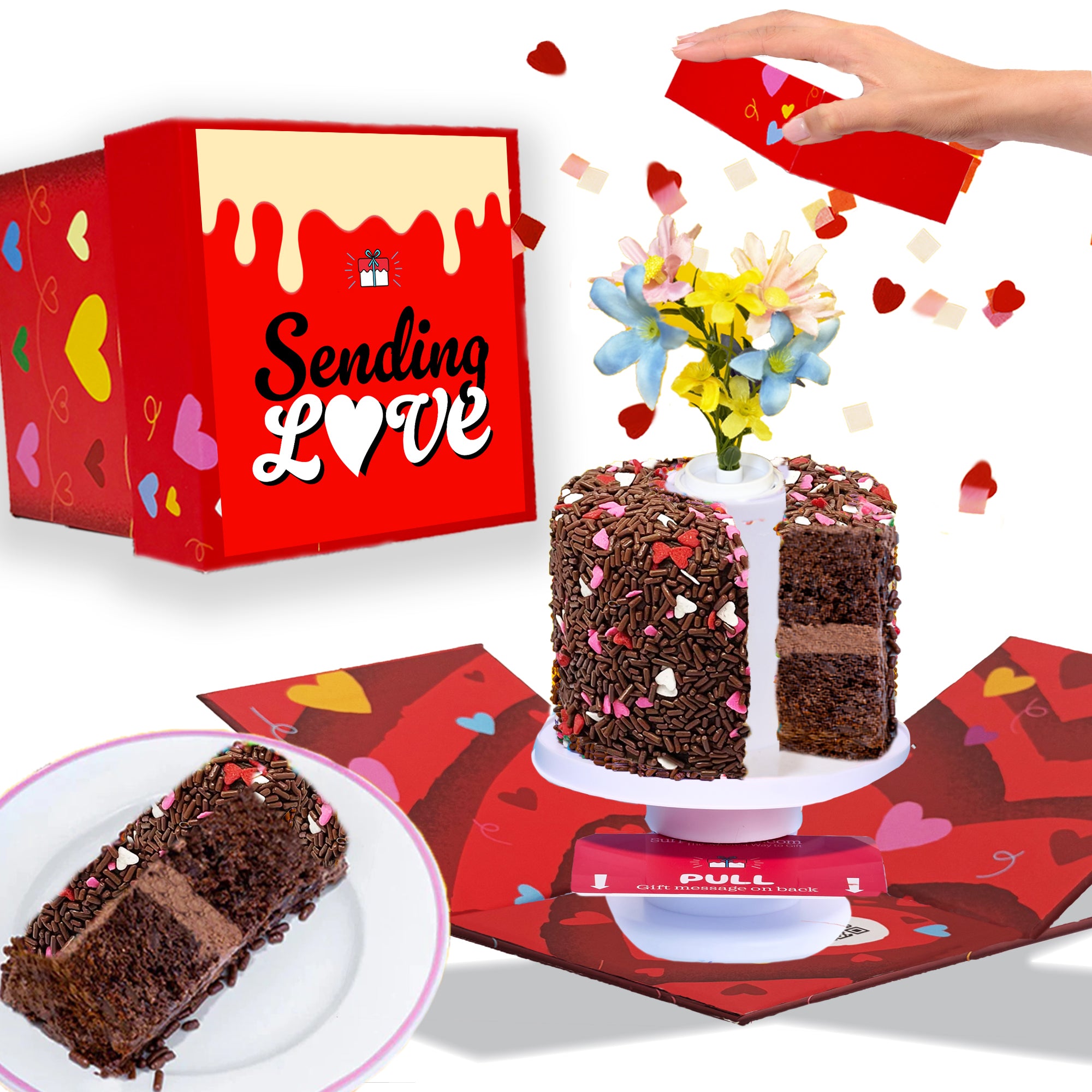 Sending Love Box - 4" Chocolate Love with Flower Bouquet Confetti Surprise Cake®