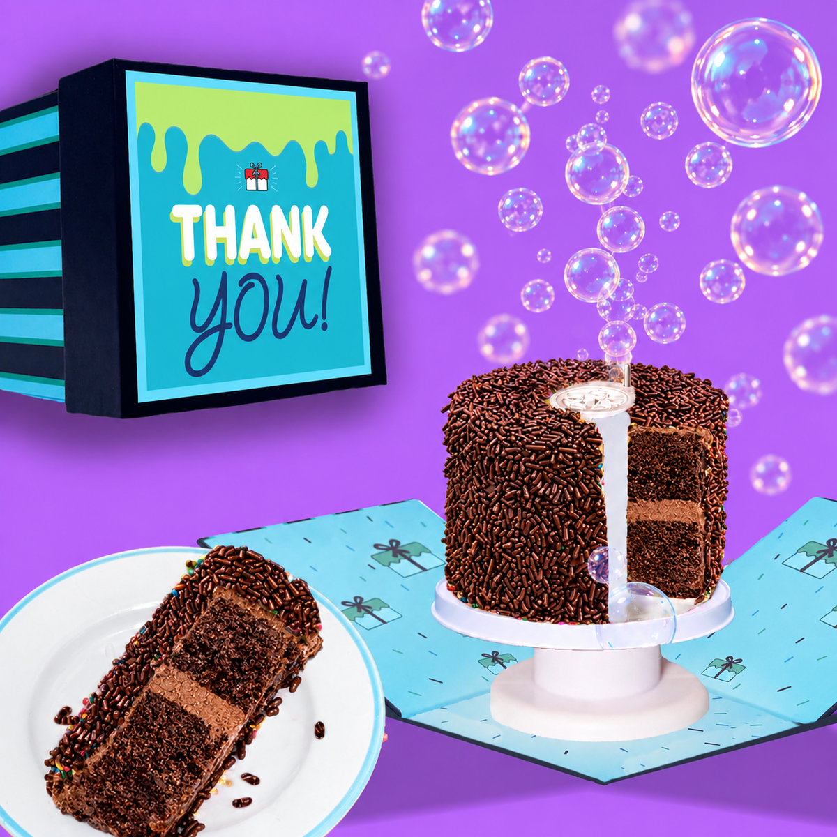Thank You Bubble Box-  4" Chocolate Chocolate Chip Surprise Cake®