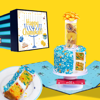 Happy Chanukah Box - 4" Vanilla Surprise Cake with Dreidel & Gelt Explosion®