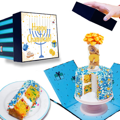 Happy Chanukah - 4" Vanilla Chanukah Surprise Cake®  with Dreidels and Gelt